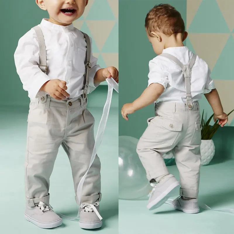 Kids Boys Formal White Shirt +Long Suspender Trousers Outfit