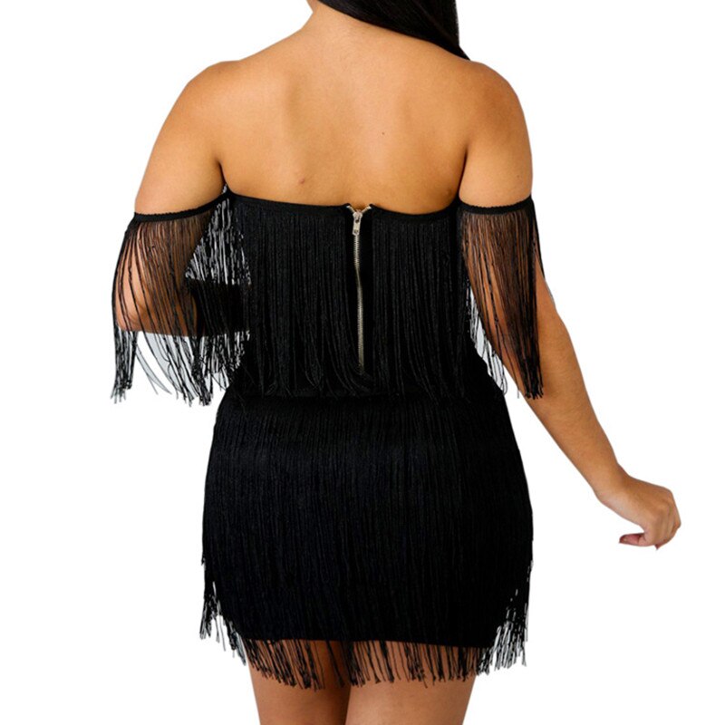 Women Elegant V Neck Off Shoulder Tassel Mini Fringe Dress