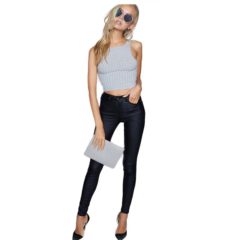 Women Casual High Waist Faux Leather Stretch Jeans