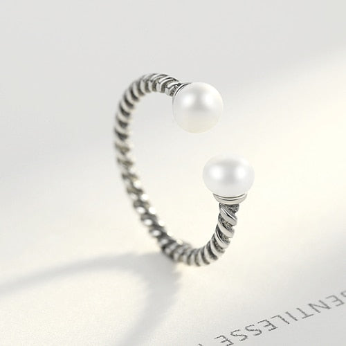 Sterling Silver 925 Twisted Rope Silver Pearl Open Finger Ring
