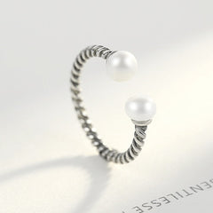 Sterling Silver 925 Twisted Rope Silver Pearl Open Finger Ring
