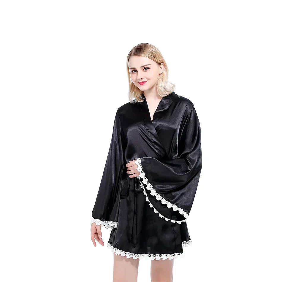 Women Black Silky Kimono Night Dress Robe