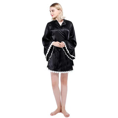 Women Black Silky Kimono Night Dress Robe