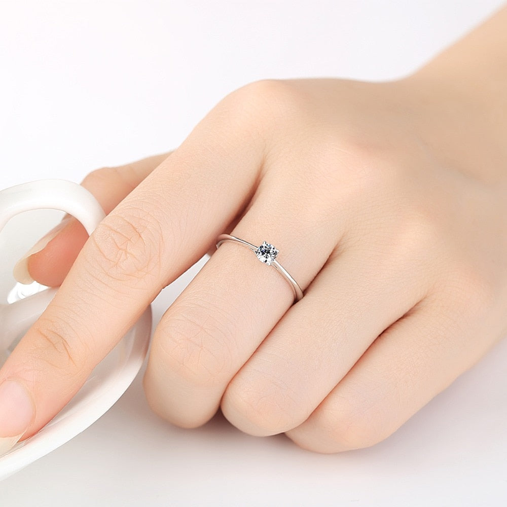 Sterling Silver 925 Simple Classic 4mm Cubic Zirconia Ring