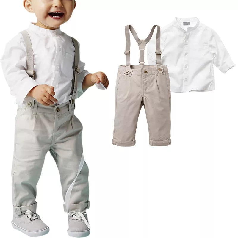 Kids Boys Formal White Shirt +Long Suspender Trousers Outfit