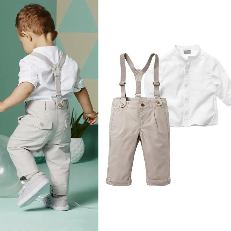 Kids Boys Formal White Shirt +Long Suspender Trousers Outfit