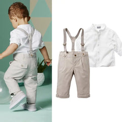 Kids Boys Formal White Shirt +Long Suspender Trousers Outfit