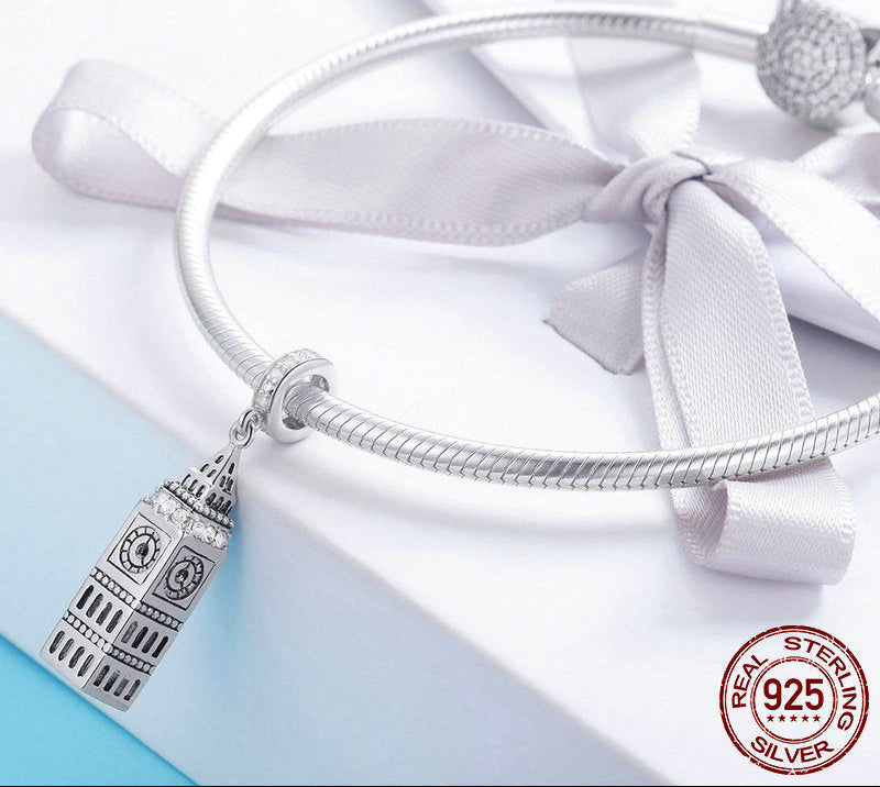 Sterling Silver 925 British Big Ben Building Pendant Charm