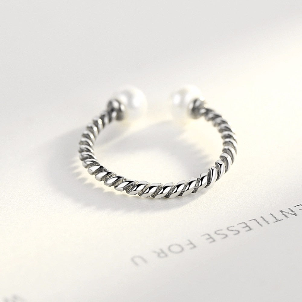 Sterling Silver 925 Twisted Rope Silver Pearl Open Finger Ring