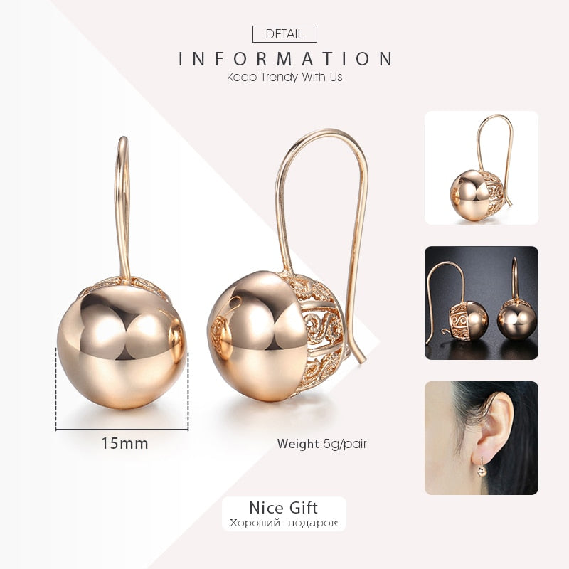 Woman Rose Gold Zircon Dangle Ball Earrings