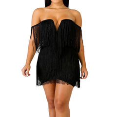 Women Elegant V Neck Off Shoulder Tassel Mini Fringe Dress