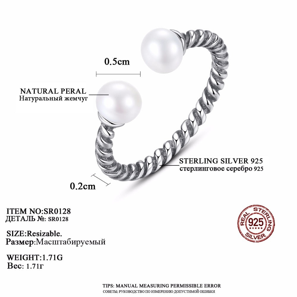 Sterling Silver 925 Twisted Rope Silver Pearl Open Finger Ring