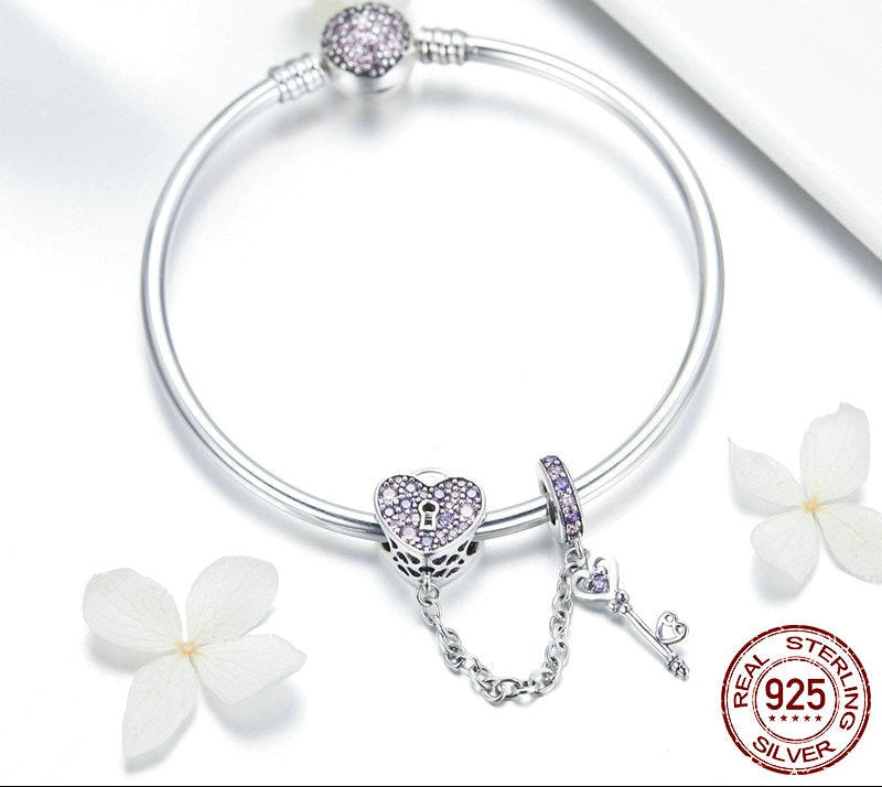 Sterling Silver 925 Pink Heart Lock and Key Bracelet Bangle