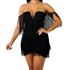 Women Elegant V Neck Off Shoulder Tassel Mini Fringe Dress