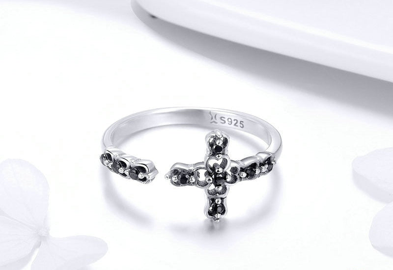 Sterling Silver 925 Women Black CZ Faith Cross Rings