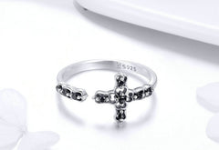 Sterling Silver 925 Women Black CZ Faith Cross Rings