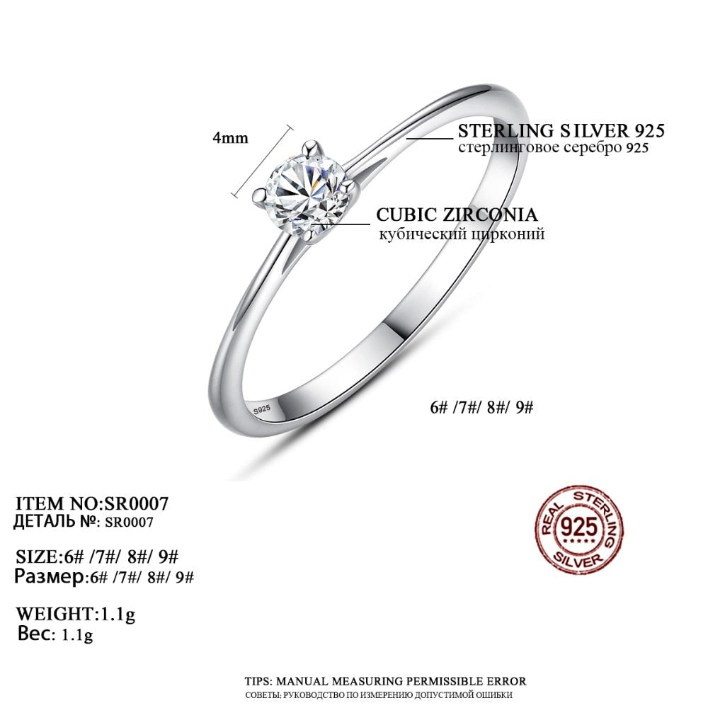 Sterling Silver 925 Simple Classic 4mm Cubic Zirconia Ring