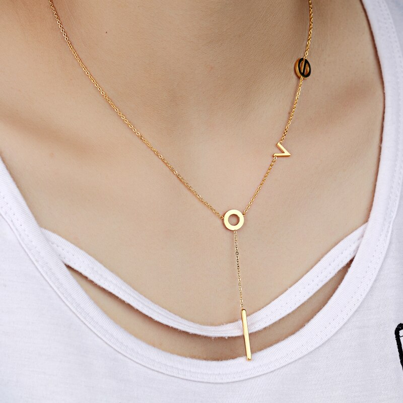 Women Titanium Steel Gold Plated Love Letter Pattern Necklace