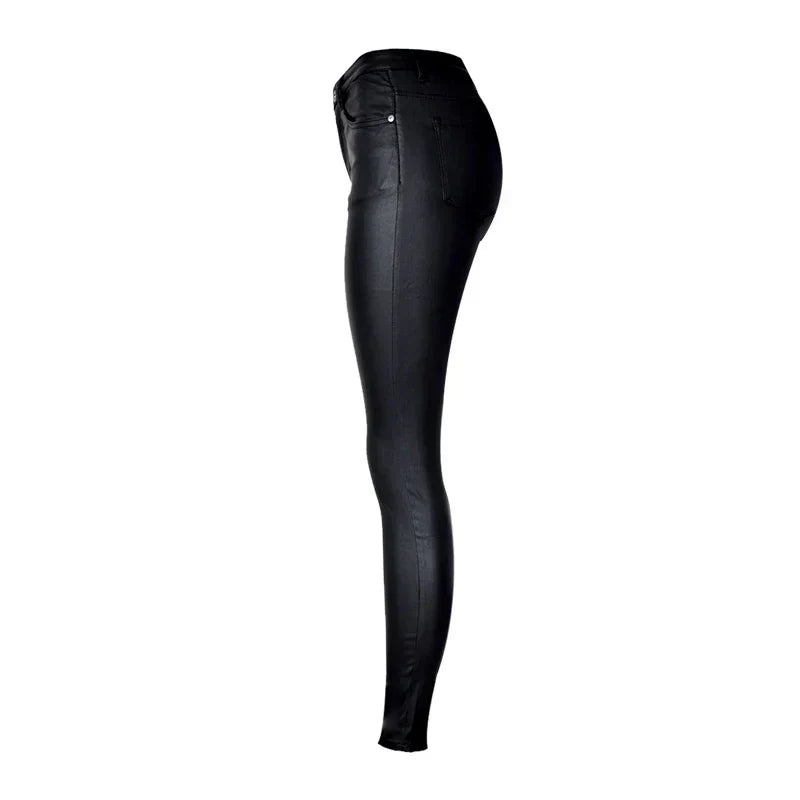 Women Casual High Waist Faux Leather Stretch Jeans