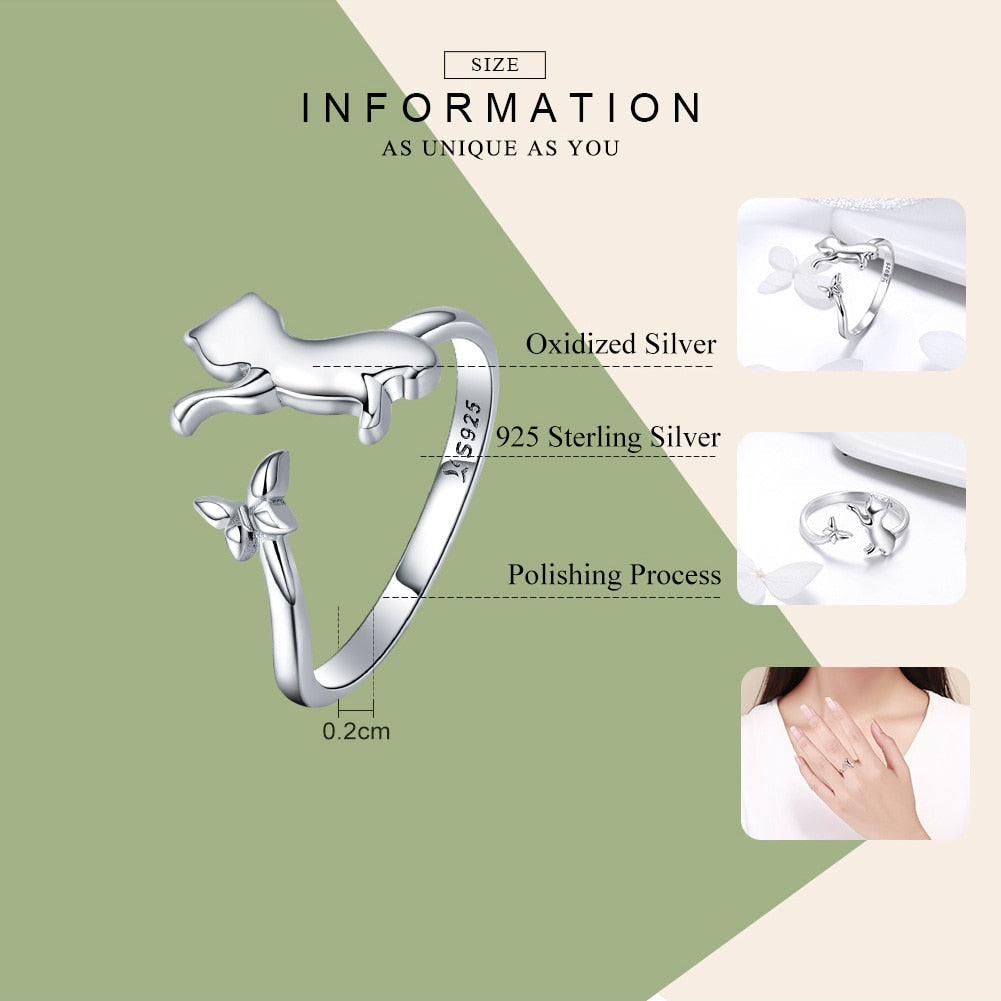 Sterling Silver 925 Butterfly Tail Cat Adjustable Ring