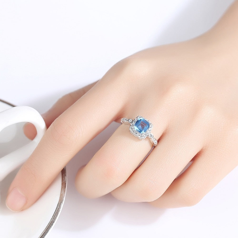 Sterling Silver 925 Blue Square Topaz Ring