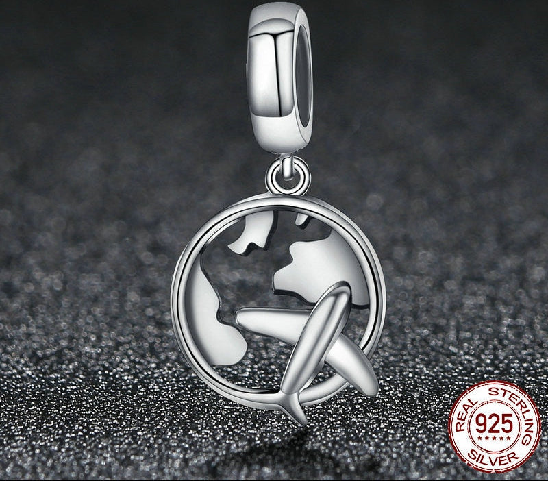 Sterling Silver 925 Traveling Dream Map & Plane Charm Pendant