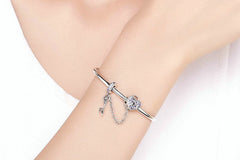 Sterling Silver 925 Pink Heart Lock and Key Bracelet Bangle