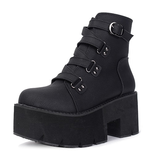 Women Black Leather Ankle Platform Boots