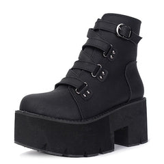Women Black Leather Ankle Platform Boots