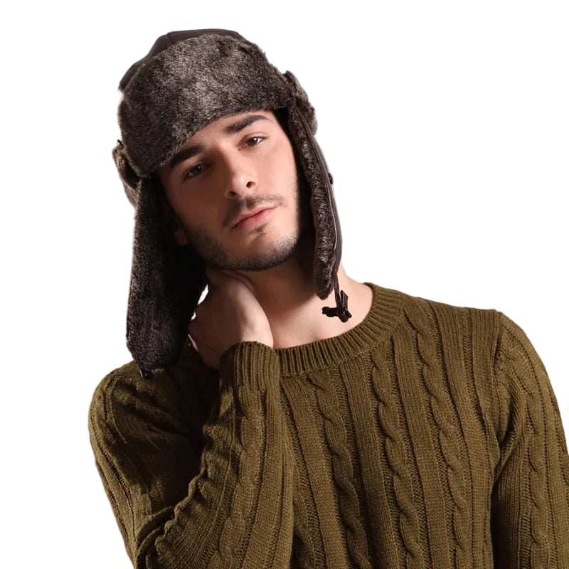 Men Winter Warm Leather Fur Russian Earflap Beanie