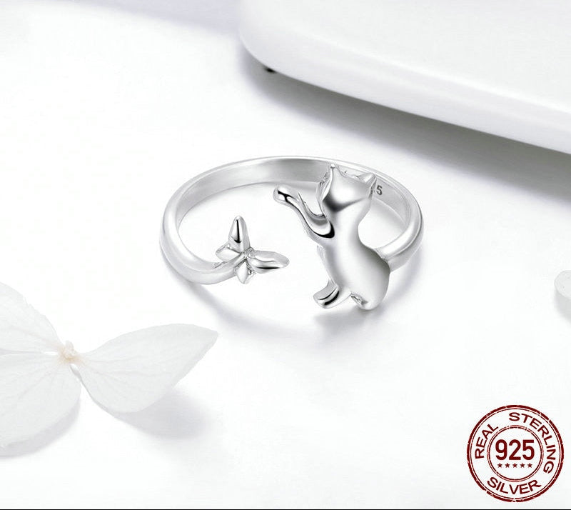 Sterling Silver 925 Butterfly Tail Cat Adjustable Ring