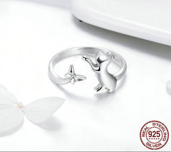 Sterling Silver 925 Butterfly Tail Cat Adjustable Ring