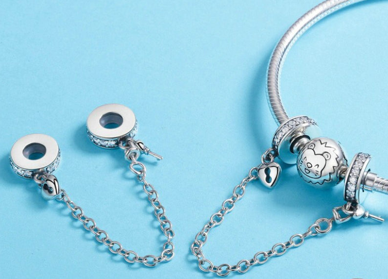 Sterling Silver 925 Women Heart Lock + Key Dangle Charm Bracelet