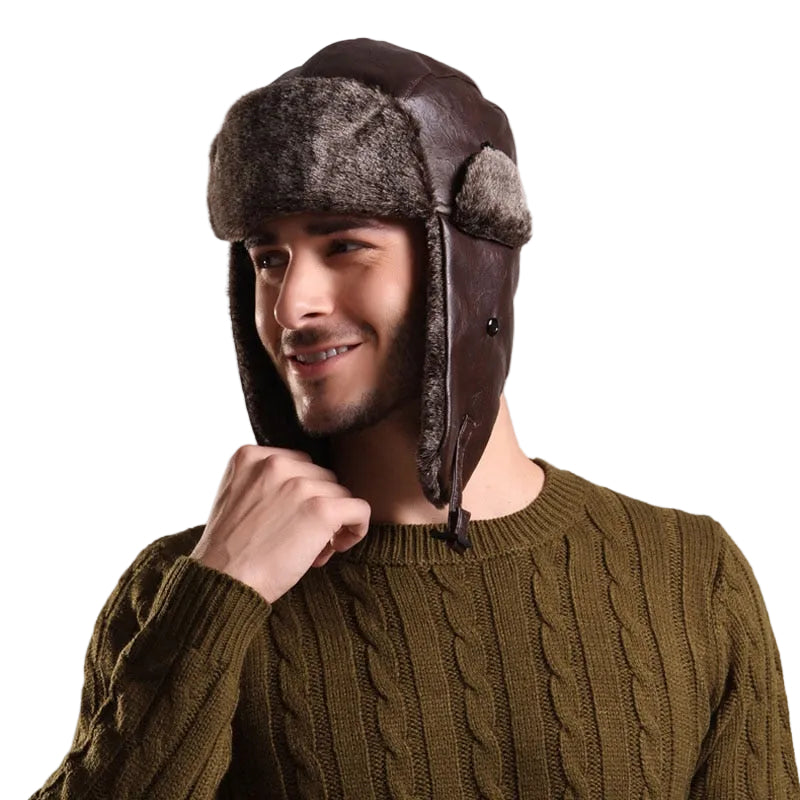 Men Winter Warm Leather Fur Russian Earflap Beanie