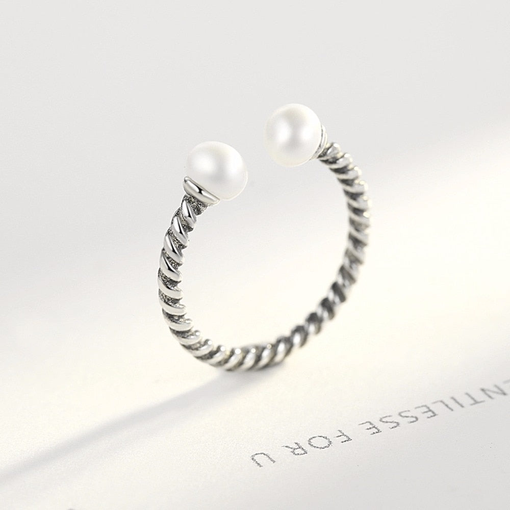 Sterling Silver 925 Twisted Rope Silver Pearl Open Finger Ring
