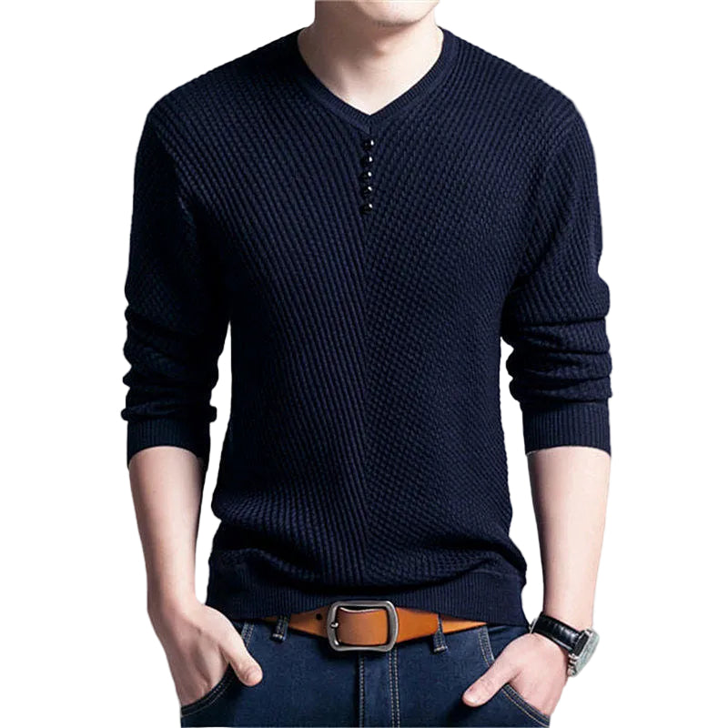 Men Long Sleeve Slim Fit Casual Button V-Neck sweater