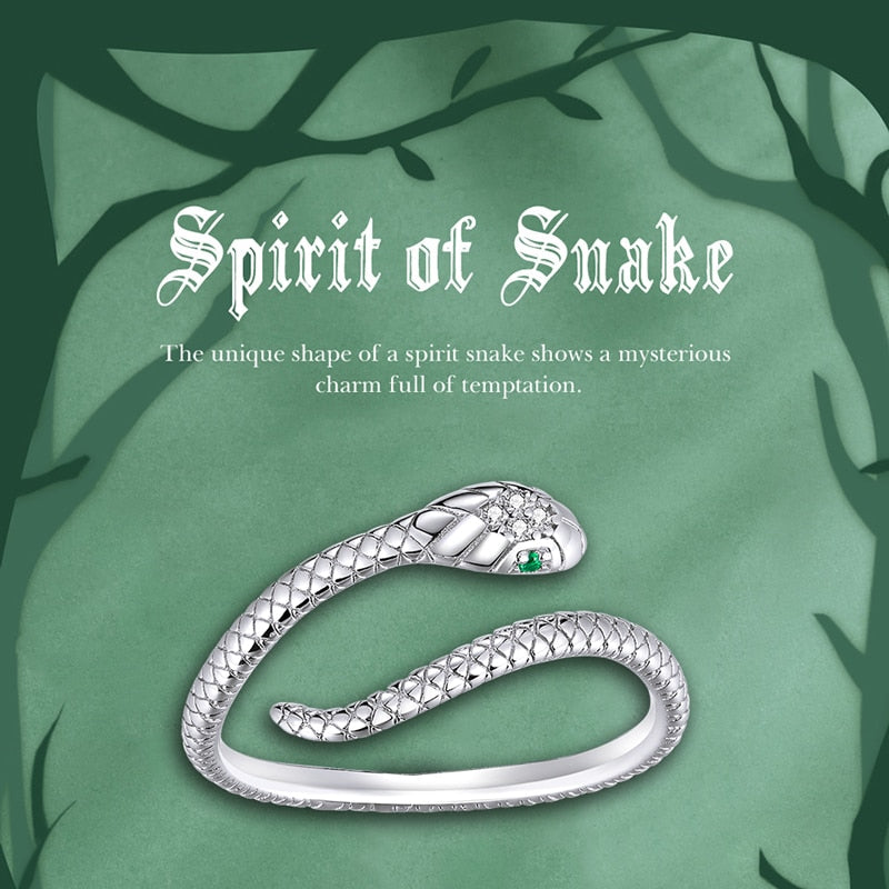 Woman Accessories Sterling Silver 925 Platinum Plated Green Zircon Snake Ring
