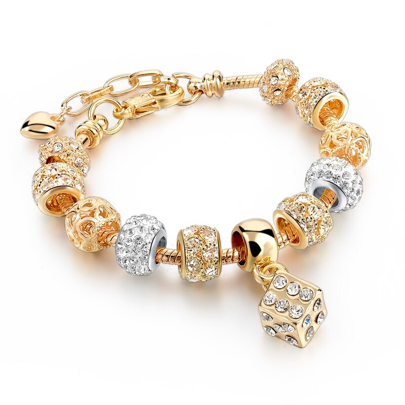 Women Gold Chunky Charm Crystal Bracelet