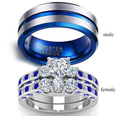 Stainless Steel Blue 8mm Unisex Heart Crystal CZ Ring Sets