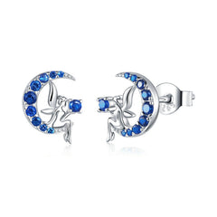 Sterling Silver 925 Women Fairy Blue Moon Stud Earrings
