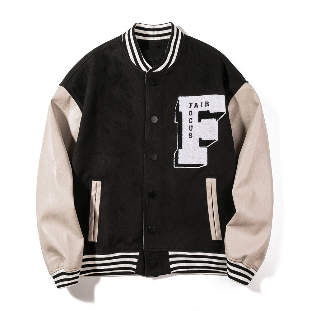 Men Leather Patchwork Embroidery Baseball Jacket