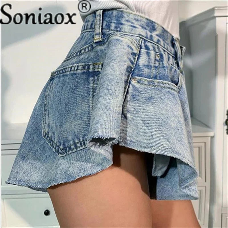 Women Casual Ruffle Hem Ripped Denim Shorts