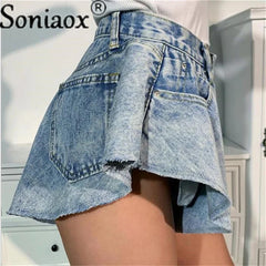 Women Casual Ruffle Hem Ripped Denim Shorts