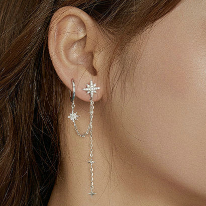 Sterling Silver 925 Women Asymmetric Star Drop CZ Stud Earrings