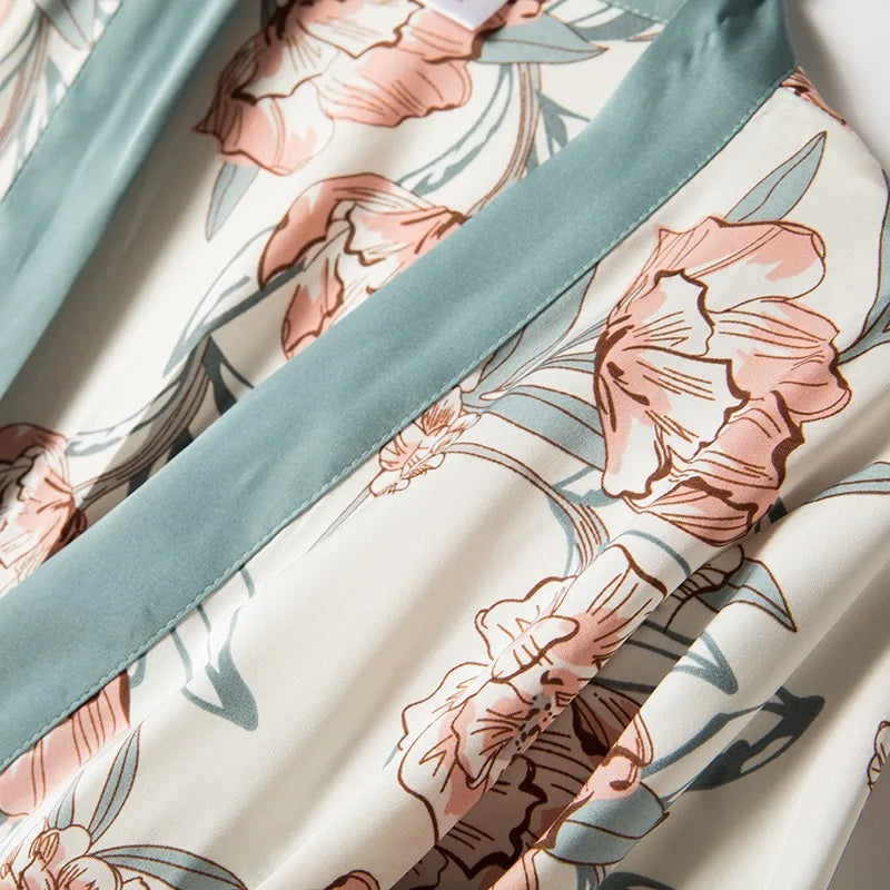 Women Satin Print Flower Robe Sleepwear