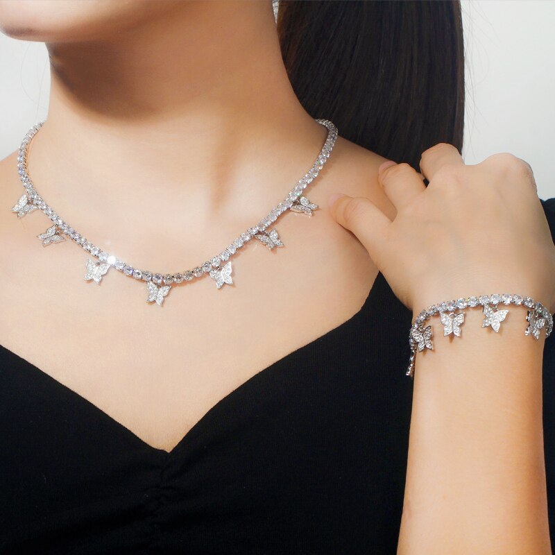 Accessories Women White CZ Cute Butterfly Jewellery Set