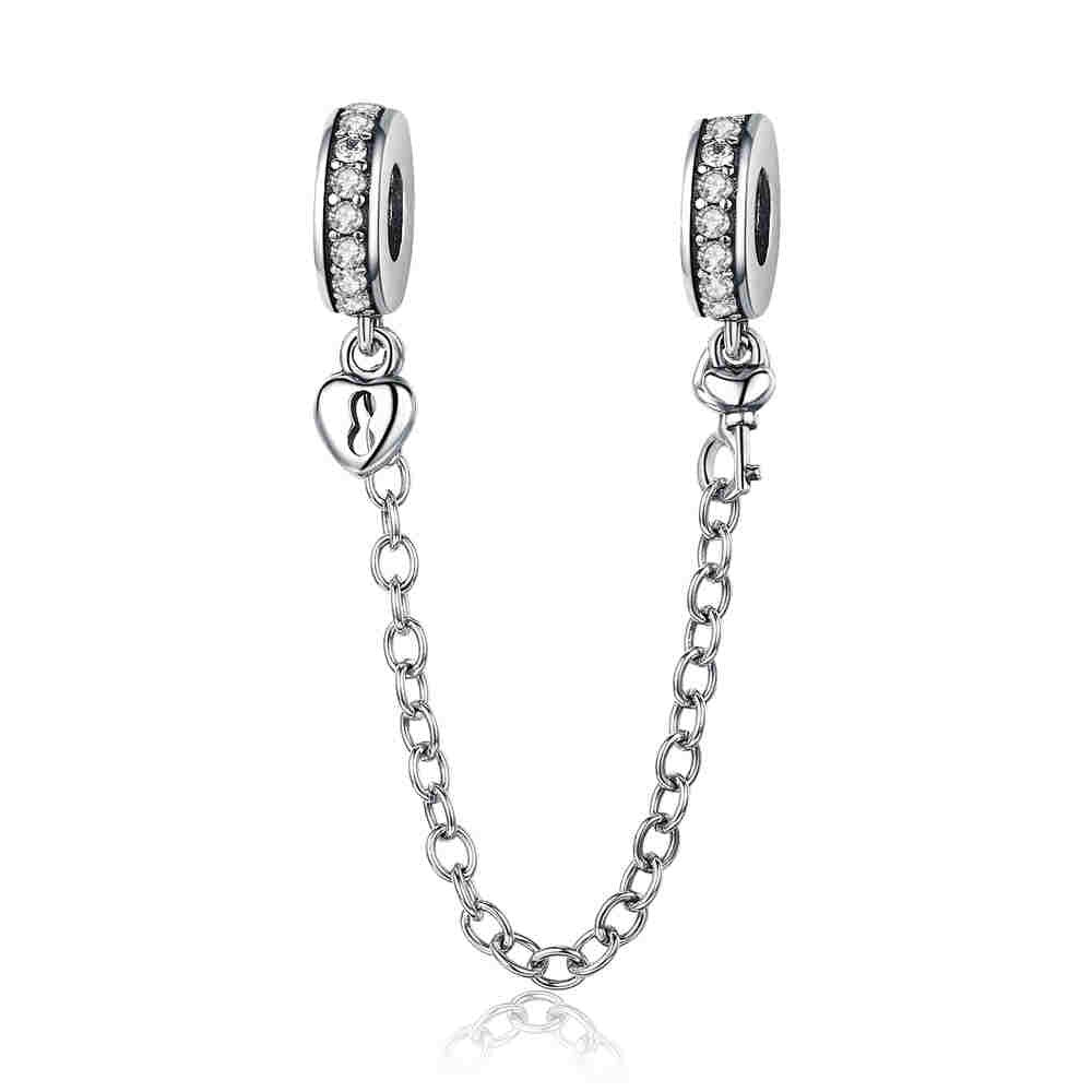 Sterling Silver 925 Women Heart Lock + Key Dangle Charm Bracelet