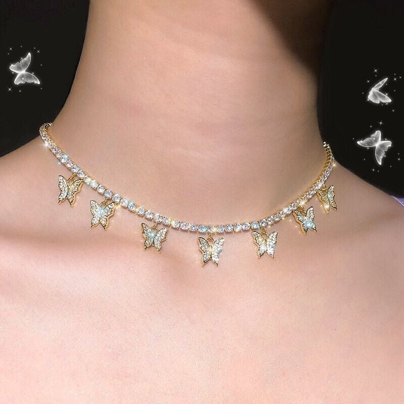 Women Crystal Butterfly Choker Pendant
