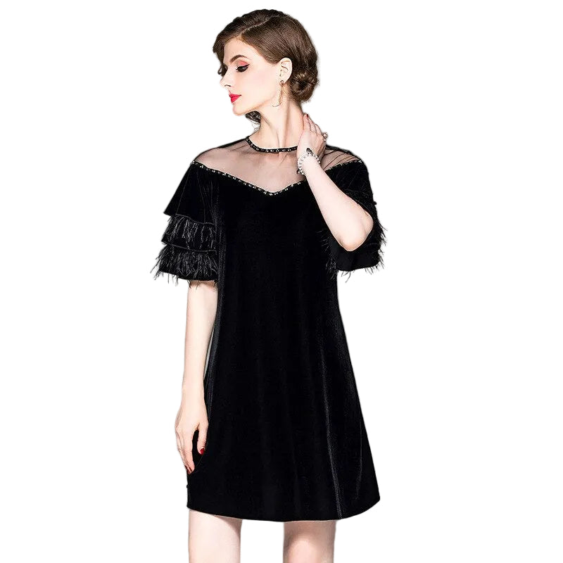 Women Velvet Beaded Round Neck Ostrich Feather Lotus Leaf Sleeve Dress