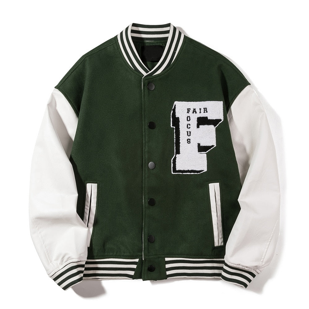 Men Leather Patchwork Embroidery Baseball Jacket